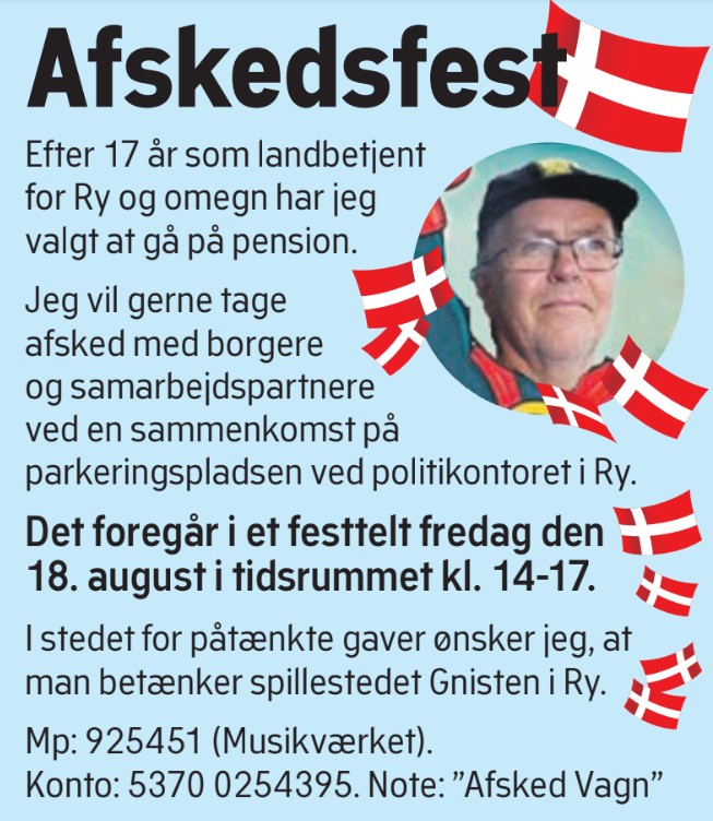 Read more about the article Vagn markerer sin afsked og betænker Gnisten i Ry